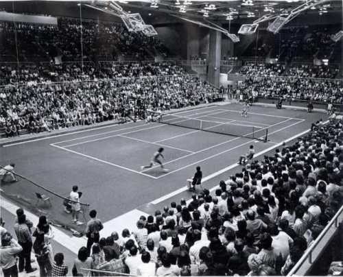 Maples Pavilion (1974) vs. UCLA Before over 7,000 Fans. Jim Delaney Serving, Far Side: Team Captain; NCAA Doubles Champion (Twice); World Singles # 59